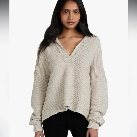 Free People M Tan Pebble Marlie V-neck Pullover Sweater - Picture 1 of 12